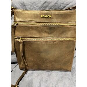 Leather Crossbody Bag Brown With 3 zippered compartments unisex Light Brown